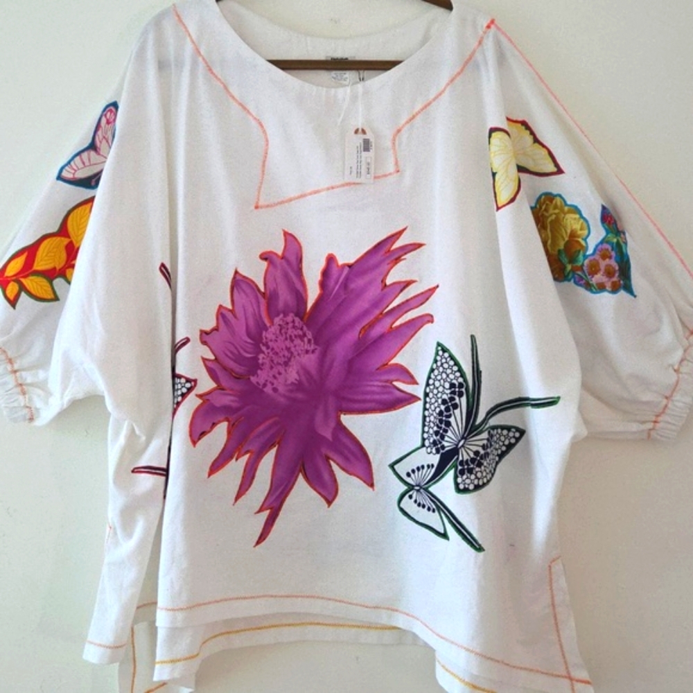 Pong Poco Art To Wear Embroidered Floral Butterfly Print White Cotton Top XXL